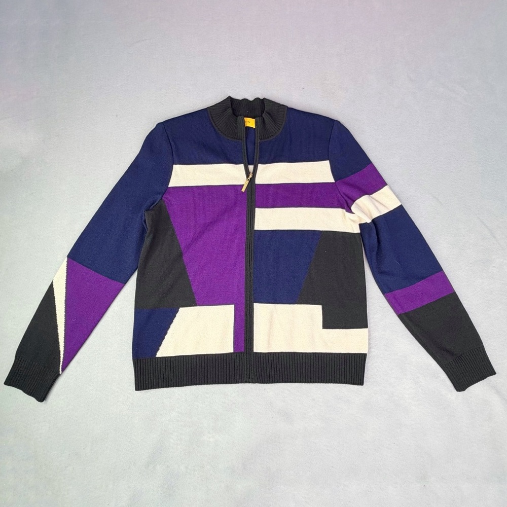 ST. JOHN Color Block Zip Wool Classic Academia Iconic Cardigan Sweater Medium M